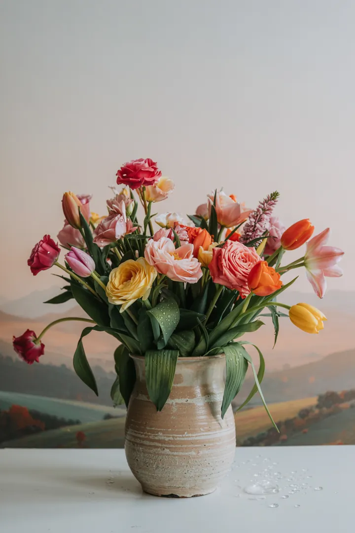 „Bunte Blumenarrangements in einem eleganten Bouquet, das Tipps zur Pflege von Schnittblumen und Floristik-Techniken vermittelt.“