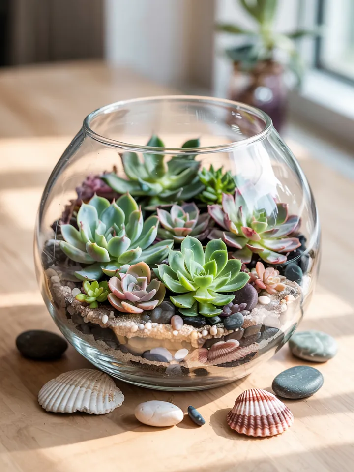 Bunte Pflanzenarrangements mit verschiedenen Arten von Sukkulenten und Kakteen, ideal für kreative Dekoration und DIY-Gartenideen.