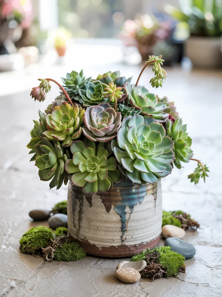 Ein harmonischer Außenbereich, gestaltet mit verschiedenen Sukkulenten, bildet eine natürliche und ansprechende Steingartenlandschaft.