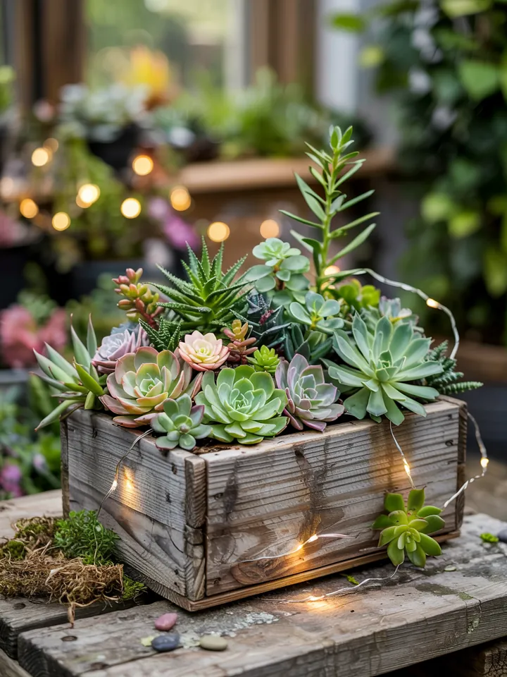 Bunte Blüten einer Mittagsblume wachsen harmonisch zwischen verschiedenen Sukkulenten in einem liebevoll gestalteten Steingarten.