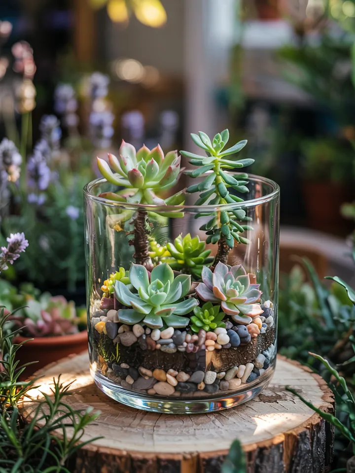 Ein kreatives, grünes Miniatur-Ökosystem mit verschiedenen Pflanzen in einem Glasbehälter, ideal für Kakteen Terrarien und natürliche Wohnraumdekoration.