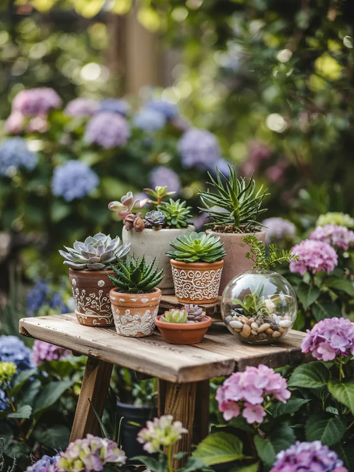Bunte, fleischige Pflanzen in dekorativen Töpfen, ideal für Naturliebhaber und als Geschenk für Pflanzenfreunde. Sukkulenten für jeden Raum.