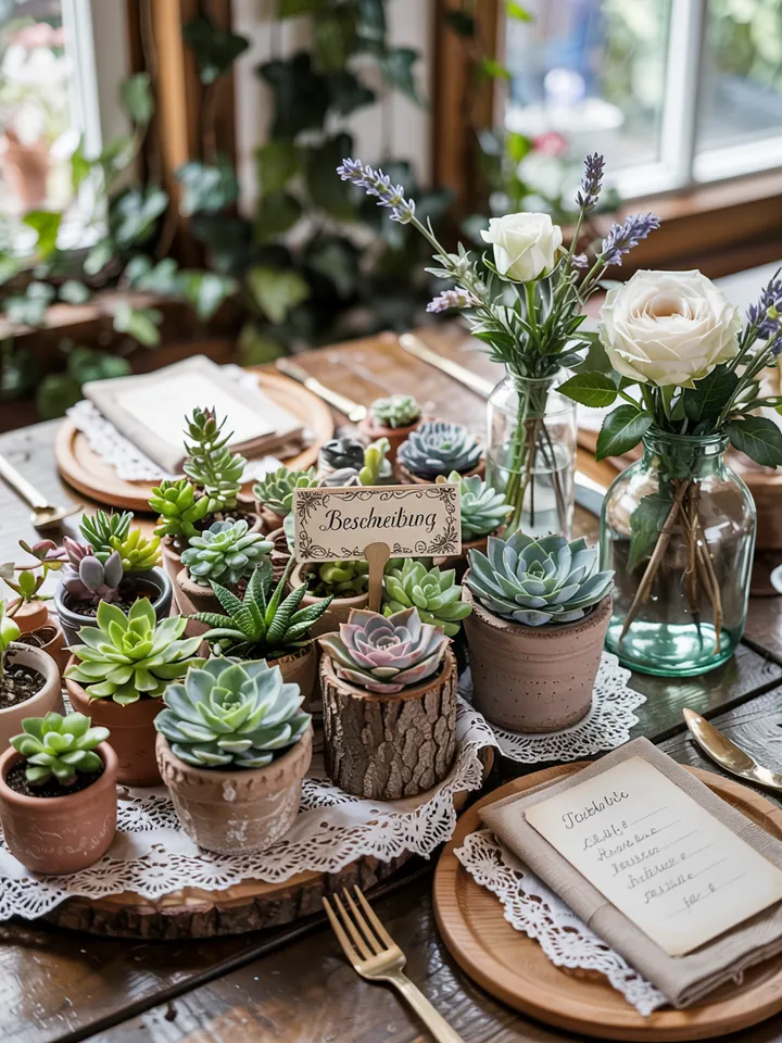 Elegante Dekoration für einen festlichen Anlass, mit natürlichen Zierpflanzen und stilvollen Elementen für eine Konfirmation.