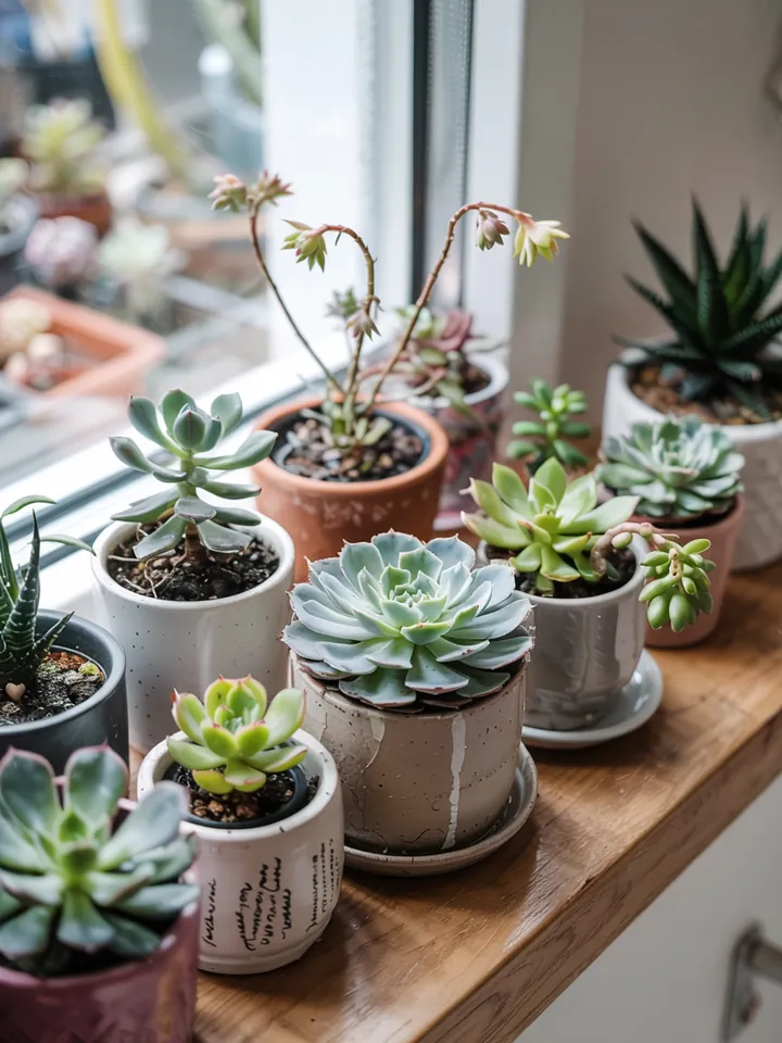Ein stilvolles Wohnzimmer mit einem eleganten Pflanzregal, das verschiedene Arten von grünen Pflanzen und attraktiven Indoor-Kakteen-Dekorationen präsentiert. Inspirierende Gestaltungsideen für einen Kakteen-Garten.