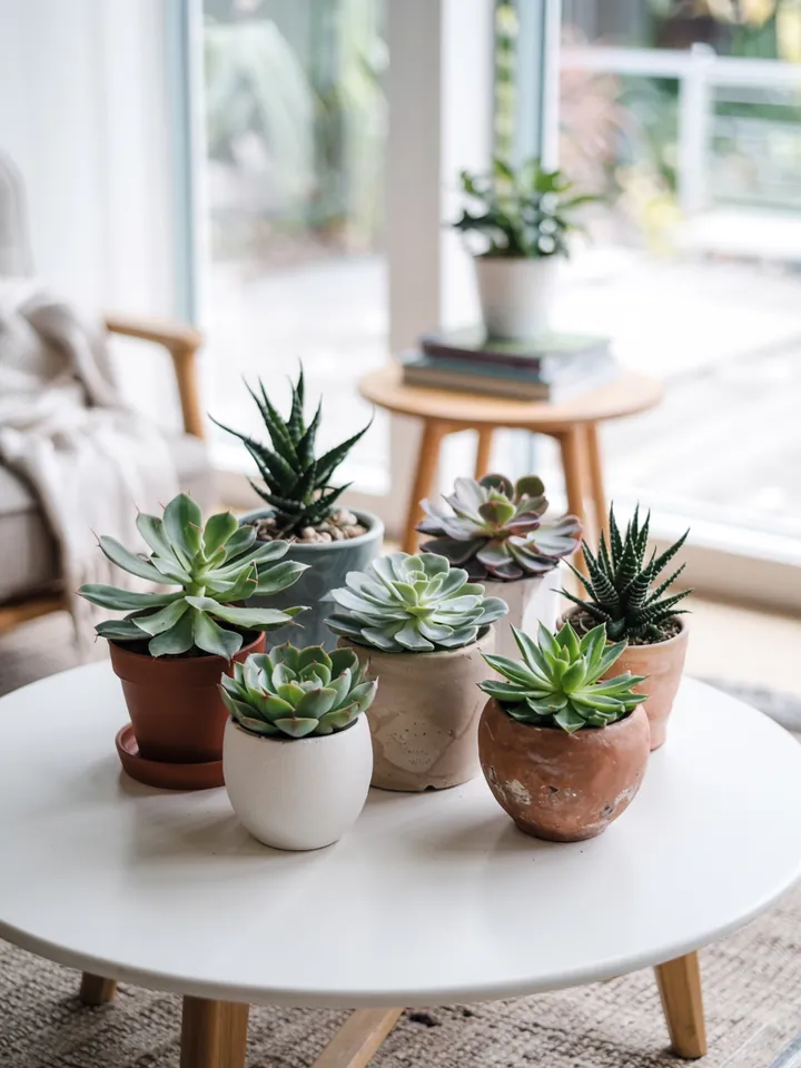 Ein stilvolles Zimmer mit einer modernen Einrichtung, das lebendige Arrangements von Sukkulenten in verschiedenen Farben präsentiert.