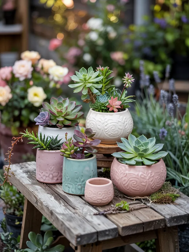 Bunte Arrangements aus Sukkulenten in dekorativen Töpfen während des Umtopfens, ideal für Pflanzenliebhaber und Gartenfreunde.