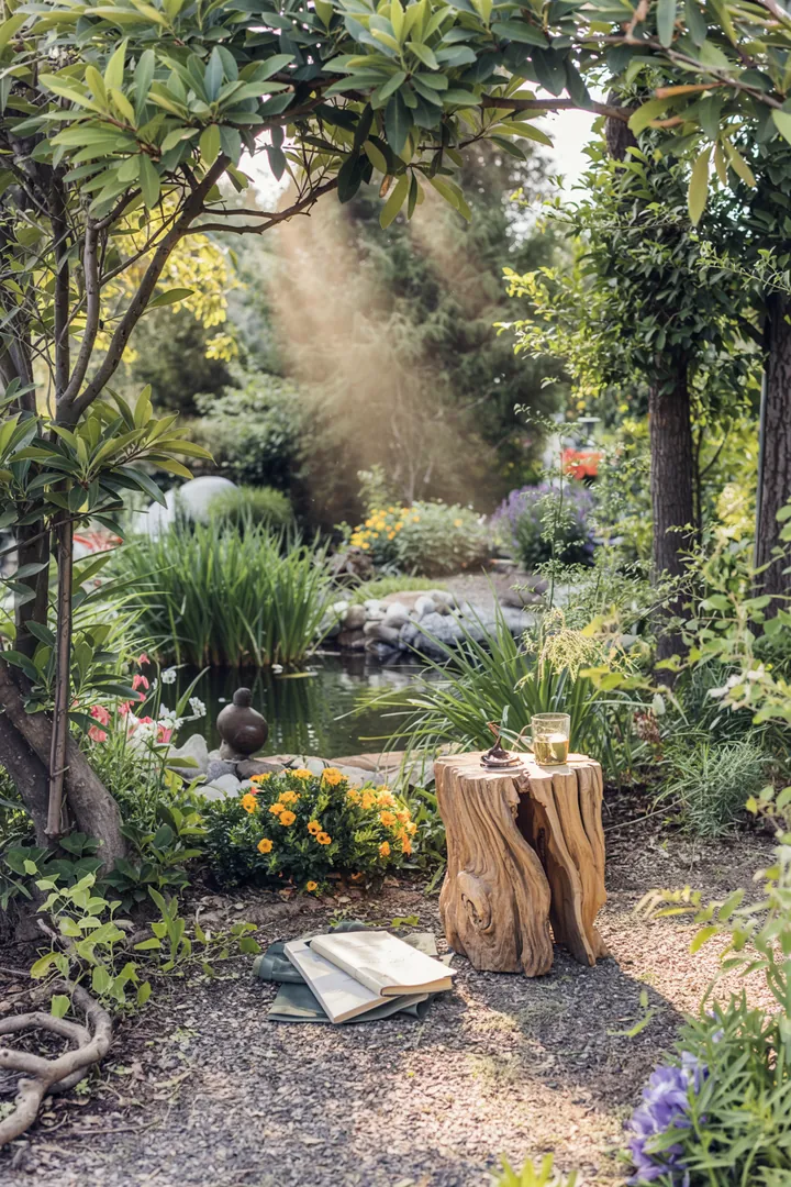 Farbige Pflanzenarrangements in einem schattigen Bereich, ideal für naturnahe Gartengestaltung und harmonische Blumenbeete.