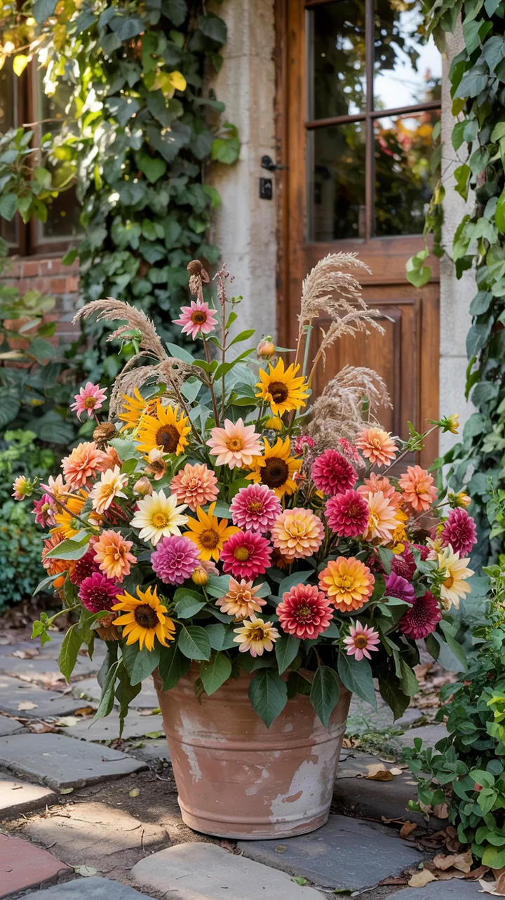 Eine herbstliche Kübelbepflanzung mit bunten Pflanzen vor einer Haustür, die einladende Atmosphäre und saisonale Dekoration für den Außenbereich schafft.