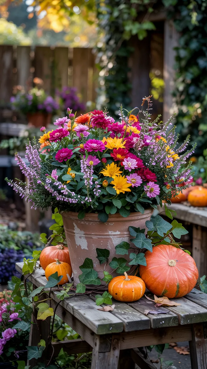 Buntes Arrangement von Kübelpflanzen für die Herbstsaison, ideal für eine natürliche und einladende Balkonbepflanzung.