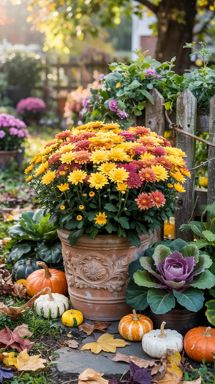 Bunte Blumenkästen im Herbst, geschmückt mit dekorativem Zierkohl und herbstlichen Pflanzen, schaffen eine einladende Atmosphäre.