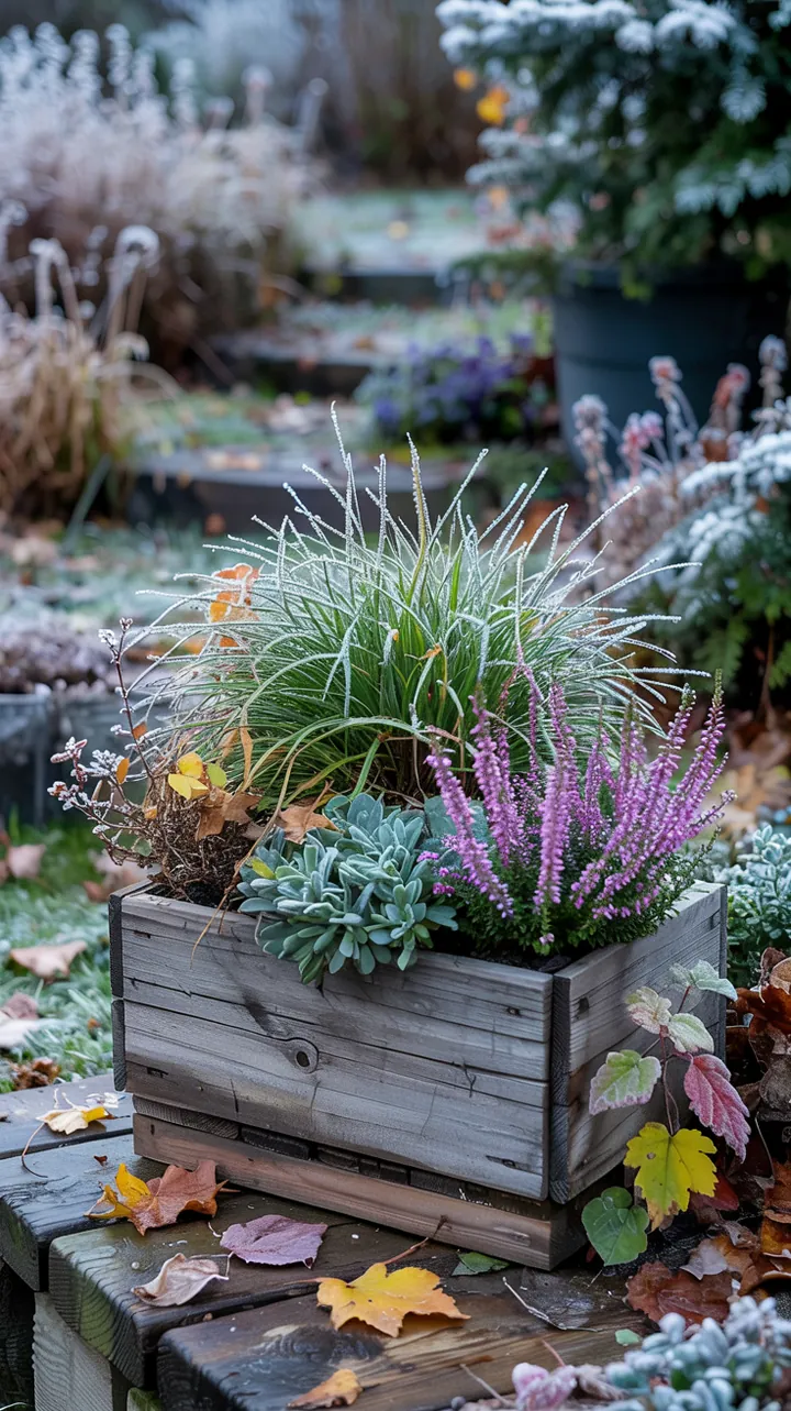 Bunte Kübel mit verschiedenen Herbstpflanzen, darunter lebendige Blauschwingel, die eine natürliche Atmosphäre im Garten schaffen.