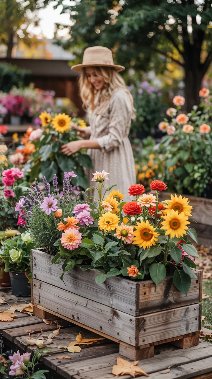 Bunte Herbstpflanzen in dekorativen Schalen, ideal für die Gestaltung von Außenbereichen während der kühleren Jahreszeit.