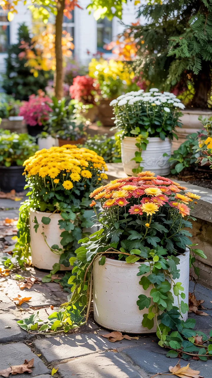 Ein stilvoll gestalteter Außenbereich mit modernen Pflanzenarrangements und einer harmonischen Kombination aus Grüntönen und Blauschwingel.