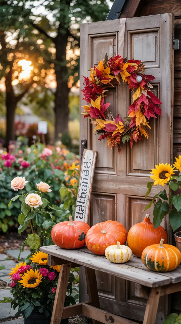 Bunte und einladende Gestaltung für den Eingangsbereich im Freien, inspiriert von der herbstlichen Jahreszeit mit DIY-Elementen aus natürlichen Materialien.