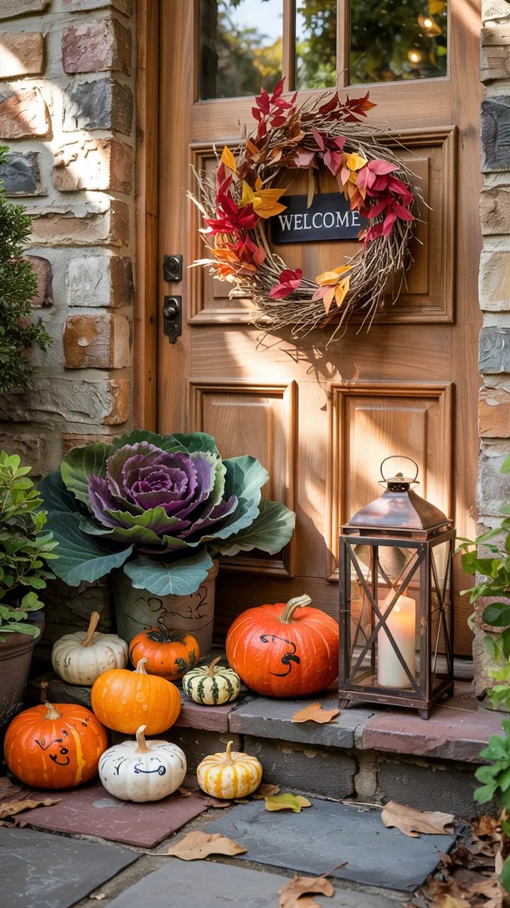 Buntes Arrangement mit Naturmaterialien und herbstlichen Akzenten, das den Eingangsbereich einladend gestaltet und für eine warme Atmosphäre sorgt.