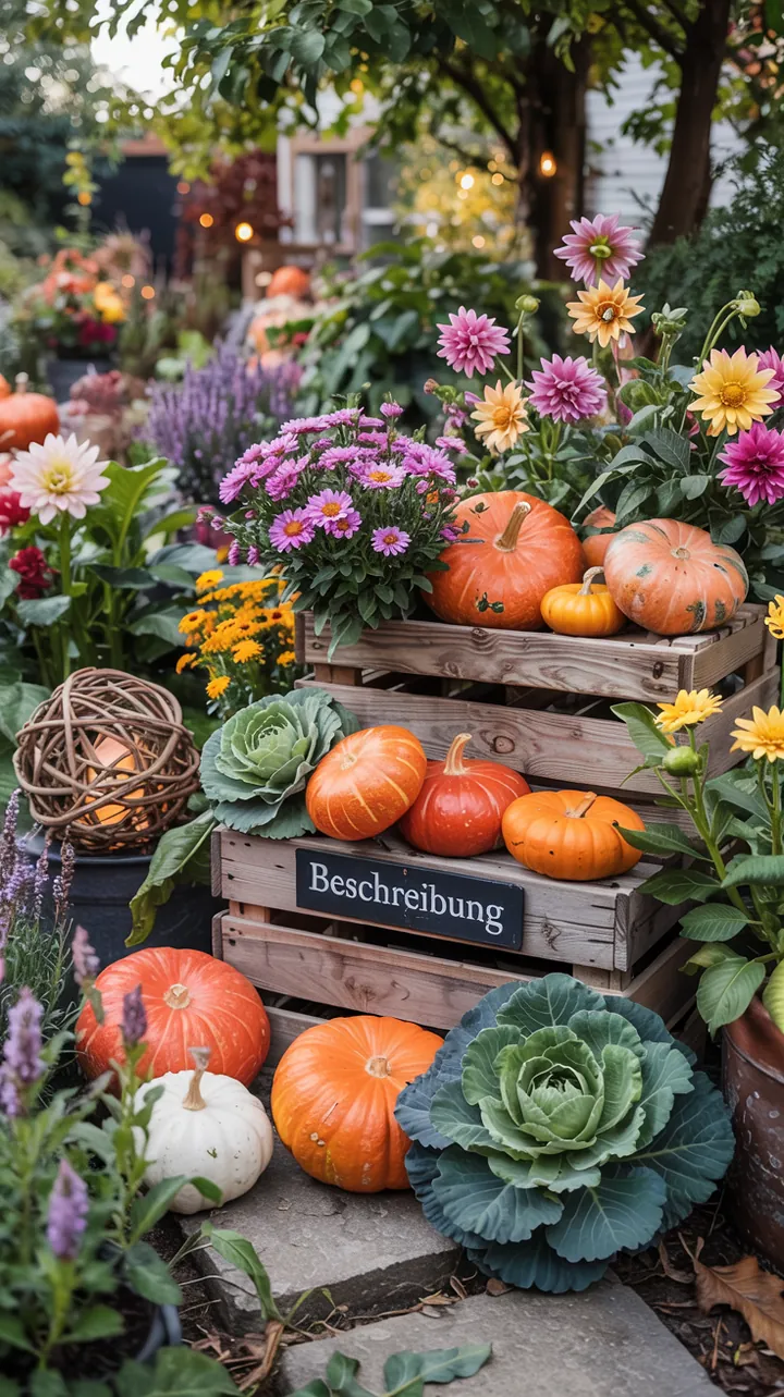Bunter Eingangsbereich mit natürlicher Dekoration, der herbstliche Akzente setzt und mit lebendigem Zierkohl verschönert wird.