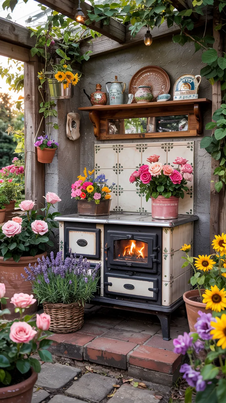 Ein rustikales Arrangement mit vintage Heizgeräten, umgeben von charmanten Holzbehältern und dekorativen Zaunpfählen, die einen ländlichen Stil repräsentieren.