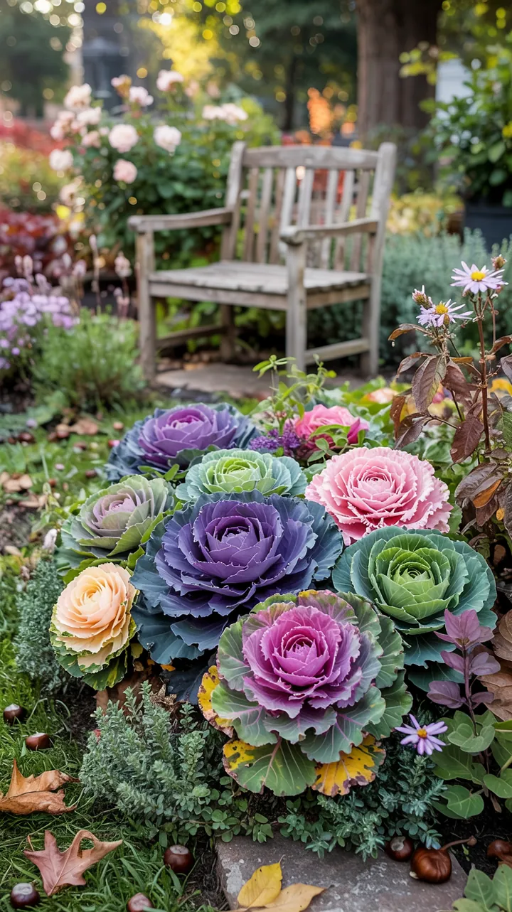 Bunte Herbstpflanze mit dekorativen, gewellten Blättern, die als Zierkohl bekannt ist und in Gärten für lebendige Farben sorgt.