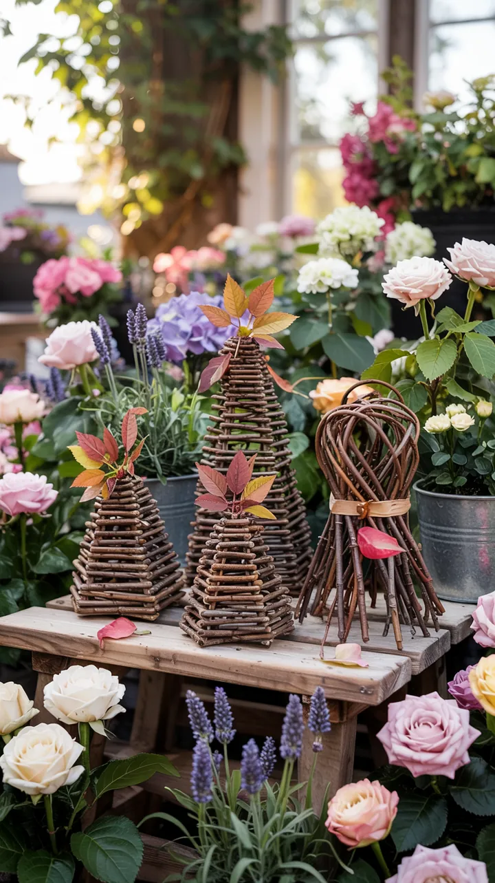 Ein kunstvolles Arrangement aus natürlichen Zweigen und einer dekorativen Weidenkugel, ideal für kreative Bastelprojekte und natürliche Dekorationen.