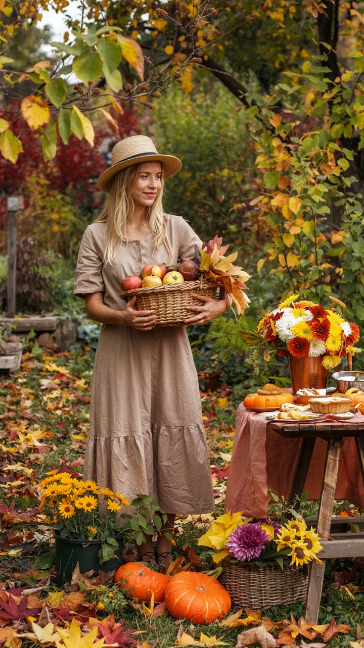 Eine farbenfrohe Gartenlandschaft mit herbstlichen Blüten und Terrakotta-Töpfen, umgeben von leuchtenden Blättern in warmen Erdtönen.