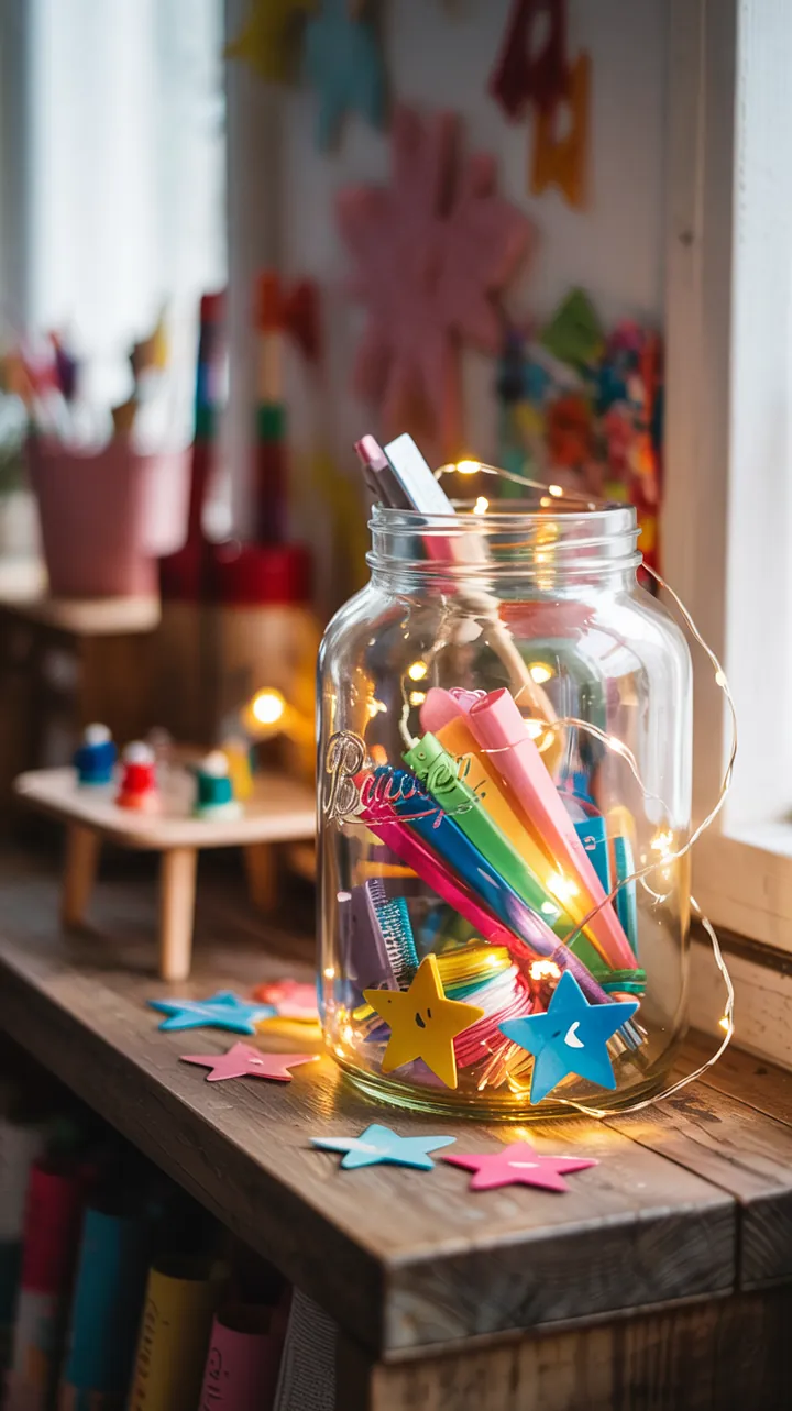 Bunte, selbstgemachte Lichterkette für ein kreatives Kinderzimmer, ideal für Herbstdekoration und Upcycling-Projekte. Perfekt für stimmungsvolles Basteln.