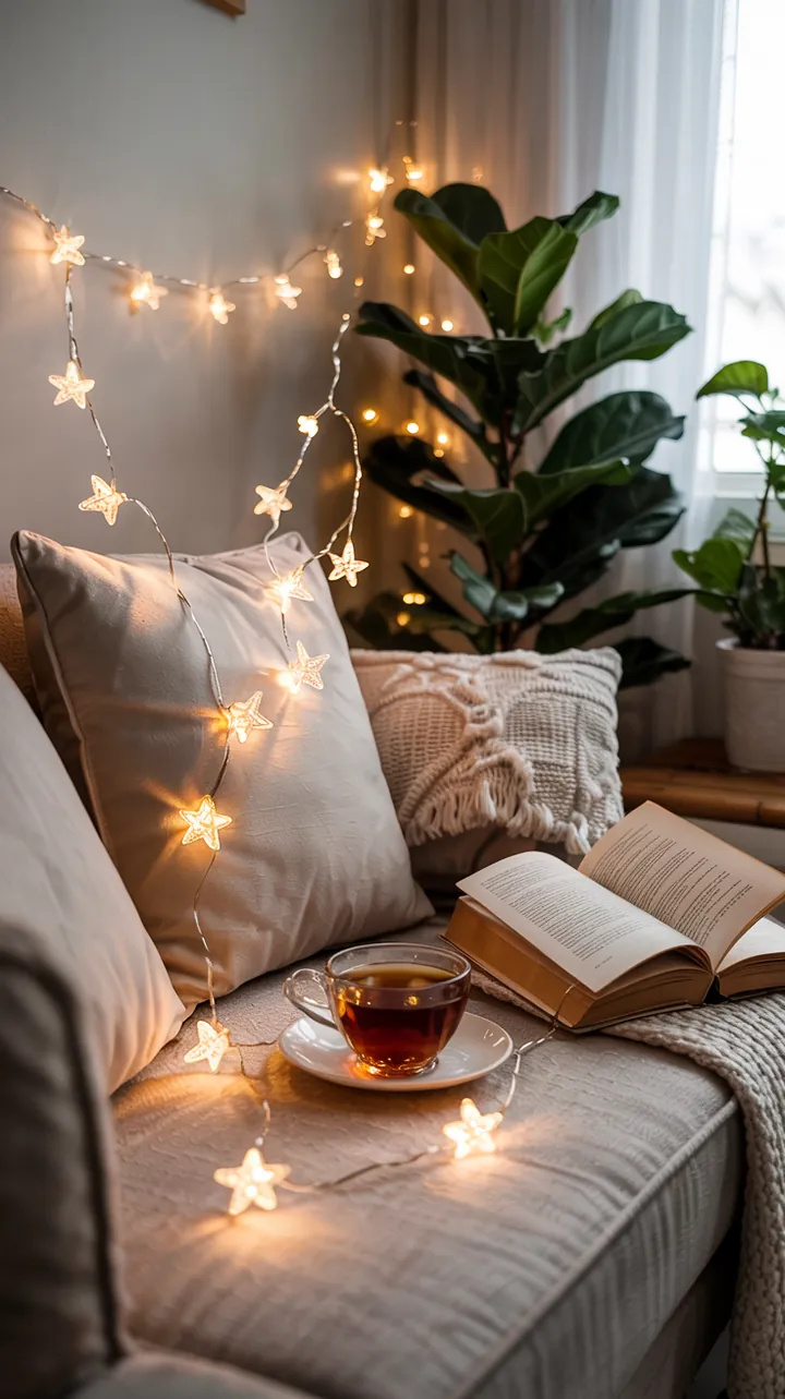 Gemütliche Atmosphäre durch eine dekorative Lichtinstallation über einer Schlafgelegenheit, die festliche Stimmung verbreitet. Ideal für eine stimmungsvolle Raumgestaltung.