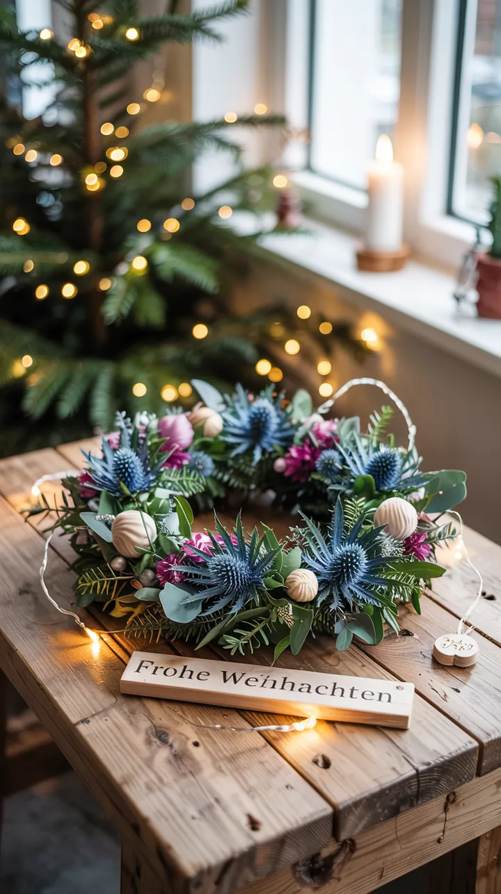 "Ein rustikaler Kranz aus grünen Tannenzweigen, geschmückt mit natürlichen Elementen, ideal für festliche Raumgestaltung während der Winterzeit."