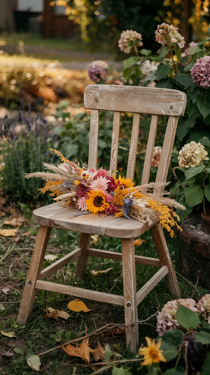Ein kunstvolles Arrangement aus getrockneten Pflanzen, das die Schönheit von Naturmaterialien in einem harmonischen Design hervorhebt.