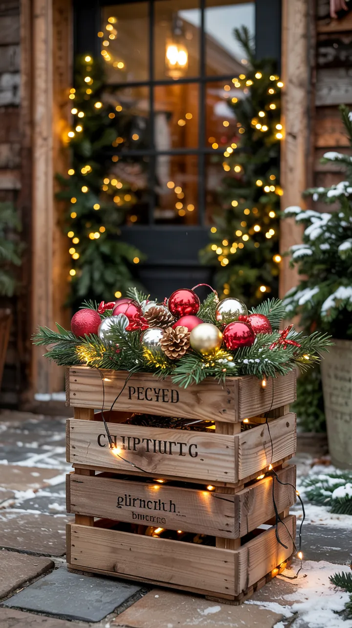 Eine rustikale Holzkiste, dekoriert mit charmanten Sternen aus Holz, strahlt eine einladende Atmosphäre aus und eignet sich perfekt für den gemütlichen Empfang.
