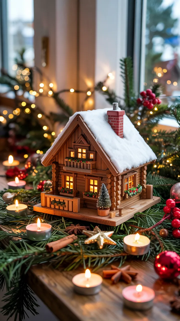 Ein rustikales, warmes Ambiente mit einem liebevoll dekorierten Naturmaterialhaus und einem sanft leuchtenden Teelicht auf einem Holztisch.