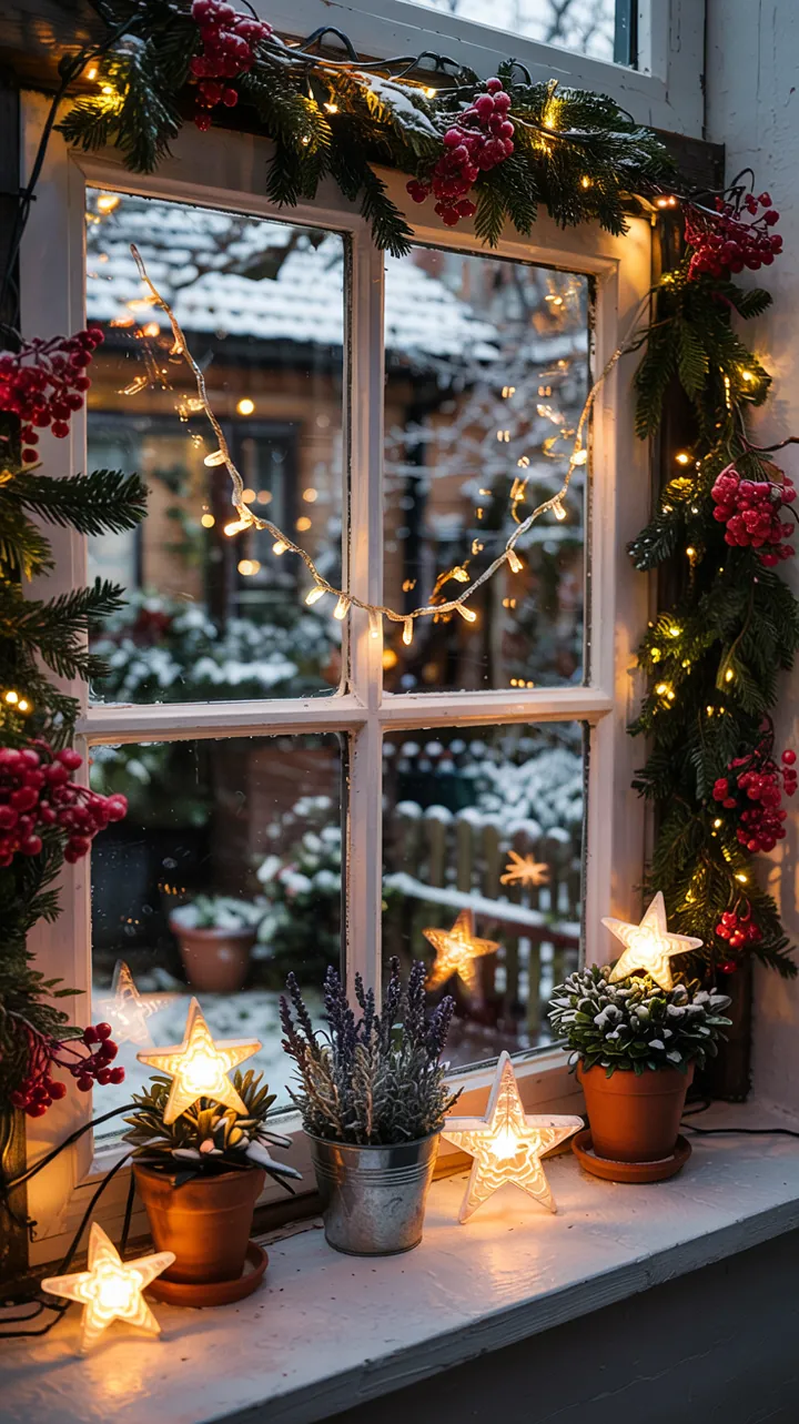 Eine funkelnde Lichterkette in einem festlich dekorierten Schaufenster, das eine zauberhafte Weihnachtsatmosphäre zaubert.