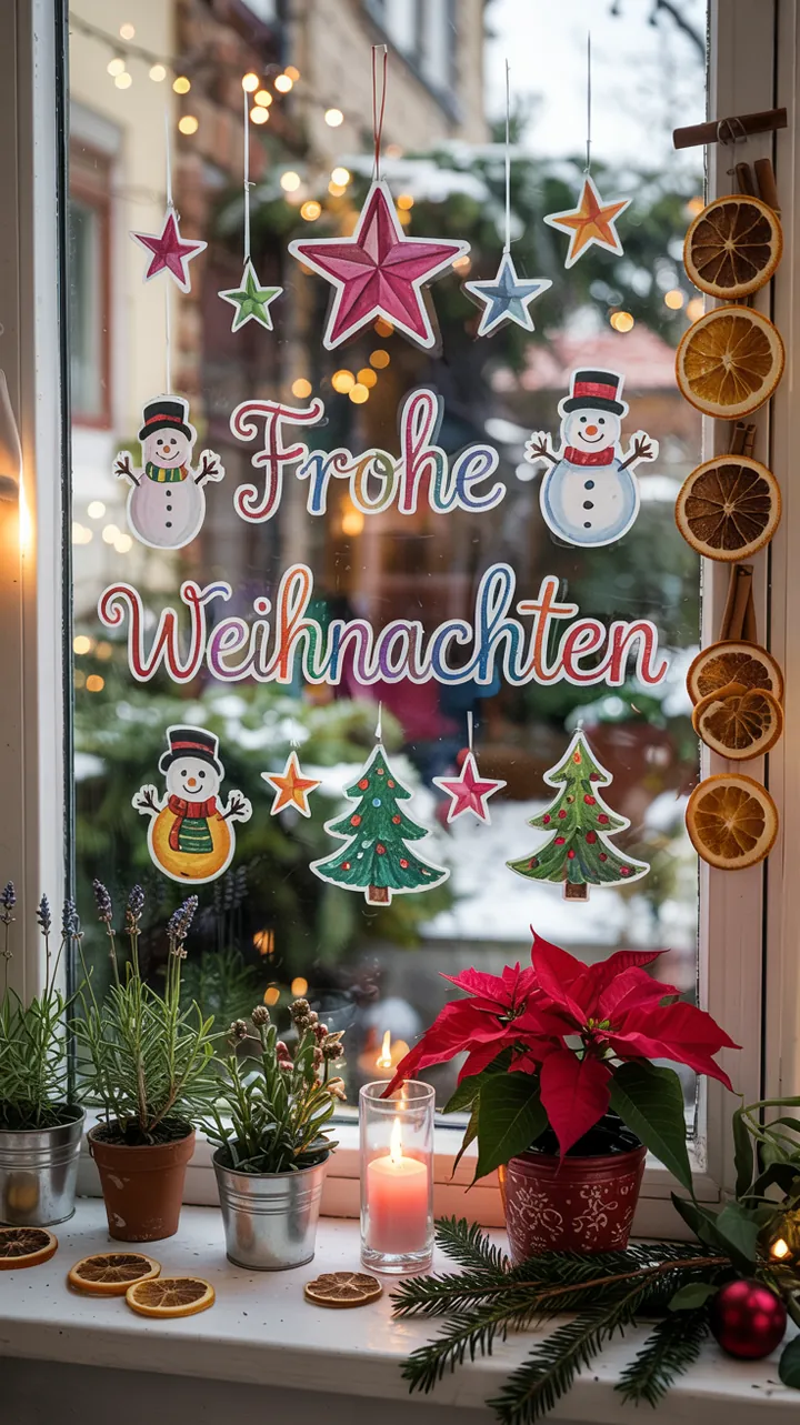 Bunte und kreative Fensterdekoration für die festliche Jahreszeit, ideal für gemeinsame Bastelaktionen mit Kindern und zur Verschönerung jedes Zuhause.