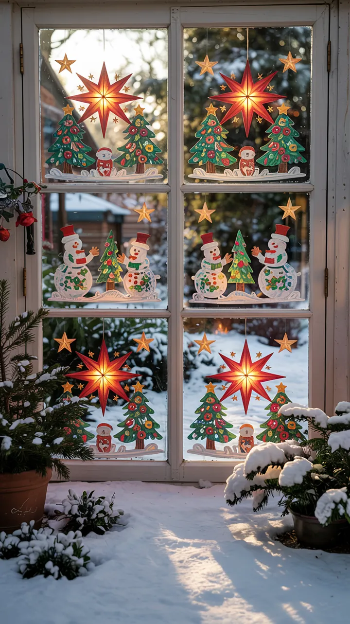 Bunte, kreative Bastelideen für festliche Fensterdekorationen, ideal für gemeinsame Projekte mit Kindern in der Vorweihnachtszeit.