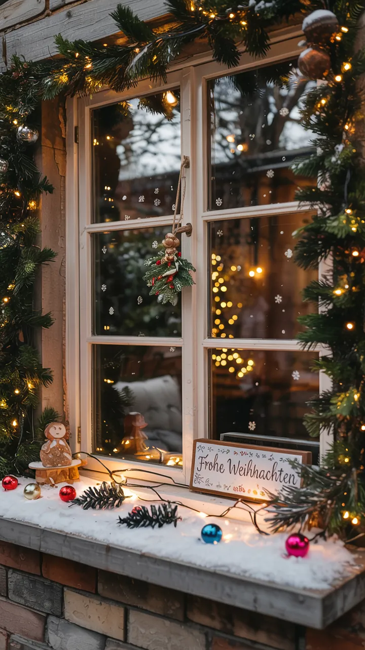 Kreative Bastelidee für festliche Fensterdekoration mit natürlichen Ästen und charmanten Akzenten, die das Fensterbrett in ein Weihnachtswunderland verwandelt.
