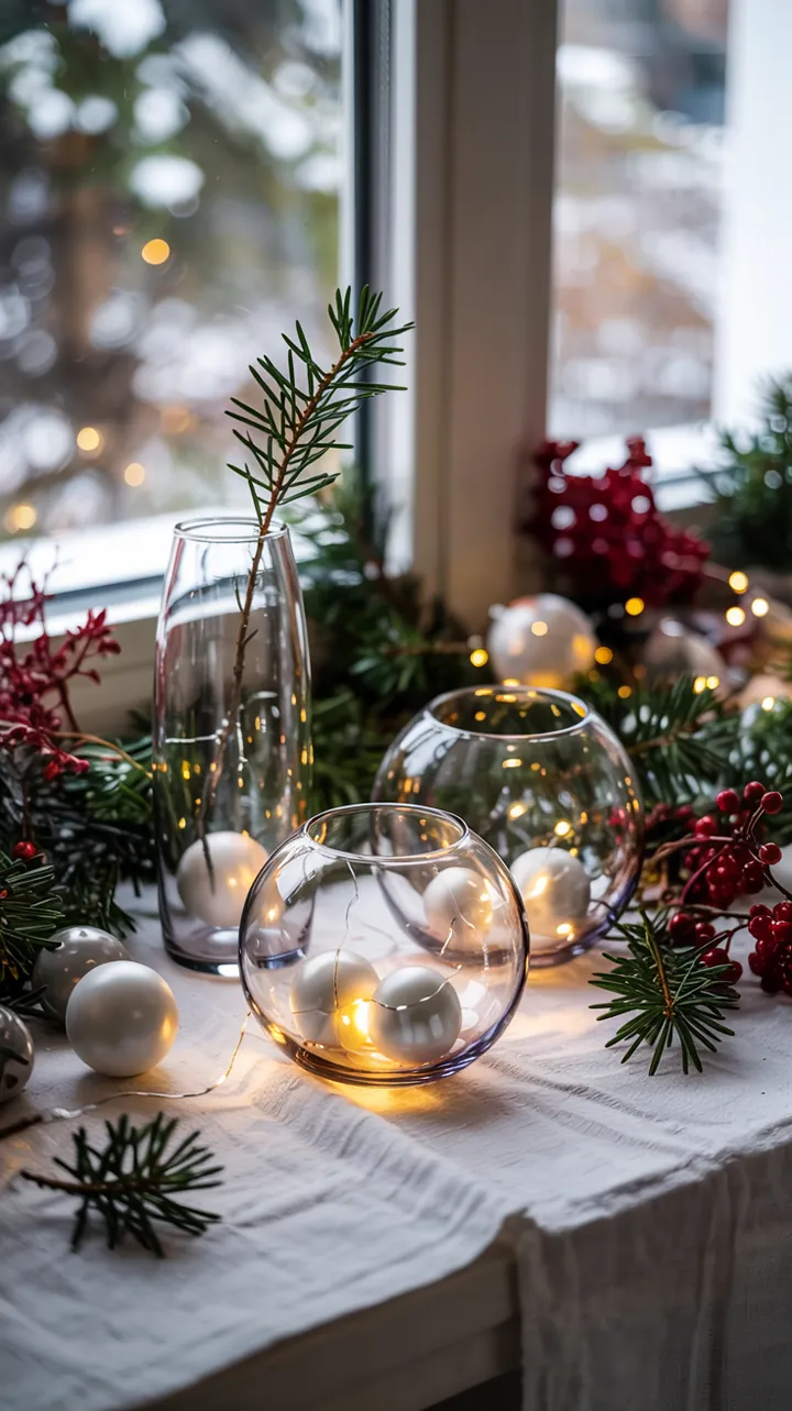 Ein stilvolles Arrangement mit transparenten Behältern, gefüllt mit natürlichen Materialien, ideal für eine unkomplizierte festliche Gestaltung.