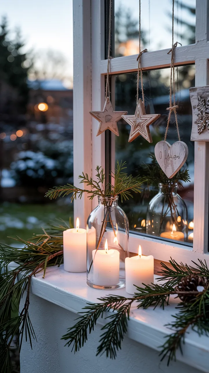Ein festlich geschmücktes Fenster mit handgefertigter Dekoration für die Feiertage, inspiriert von skandinavischen Traditionen. Perfekt zum Hängen für eine gemütliche Atmosphäre.