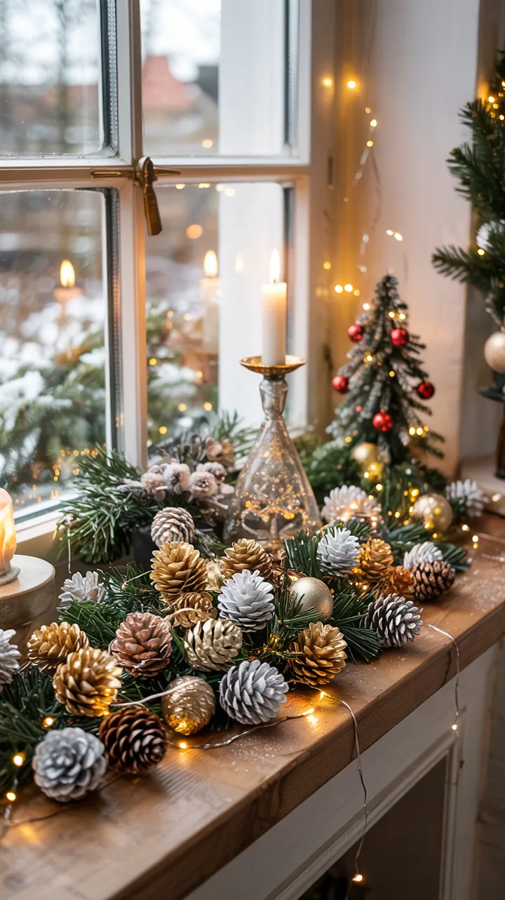 Elegante, handgemachte Fensterdekoration mit einer Girlande aus Tannenzapfen, die winterliche Stimmung verbreitet und natürliche Elemente integriert.