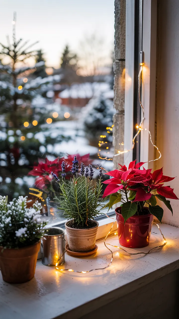Eine stimmungsvolle Außenansicht eines Gartens mit sanfter Beleuchtung, die durch eine bezaubernde Lichterkette in den Fenstern akzentuiert wird.