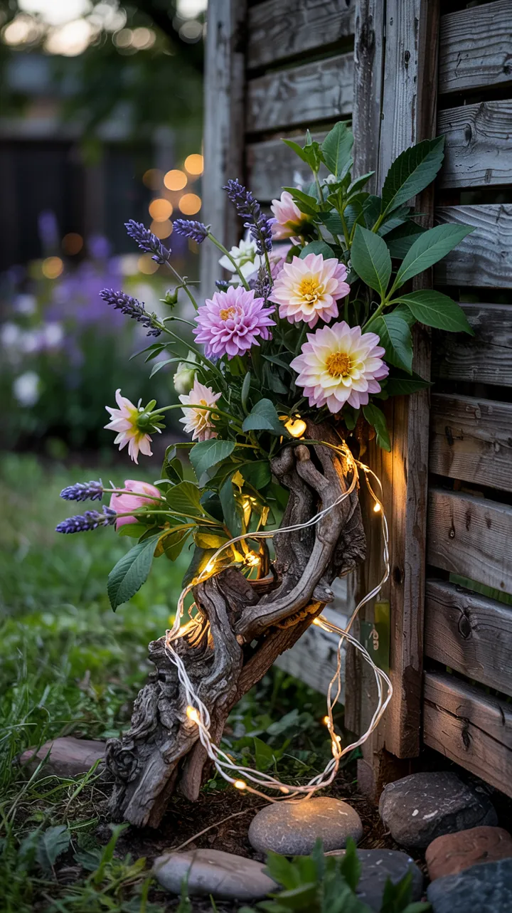 Ein dekorativer Zweig, geschmückt mit leuchtenden Lichtern, umgeben von stimmungsvollen, selbstgemachten Windlichtern aus Papier.