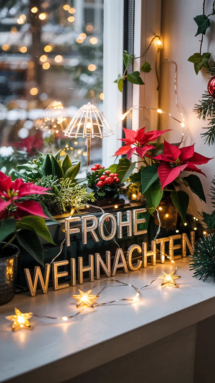 Festliche Atmosphäre mit funkelnden Lichtern und kreativen Dekorationen, die eine einladende Stimmung für die Weihnachtszeit schaffen.