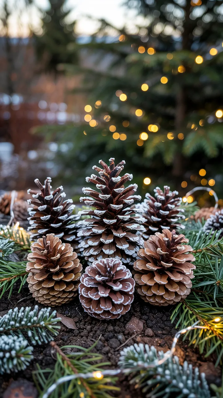 Ein einladender Vorgarten mit rustikalen Elementen, die festliche Stimmung verbreiten und harmonisch in die natürliche Umgebung integriert sind.