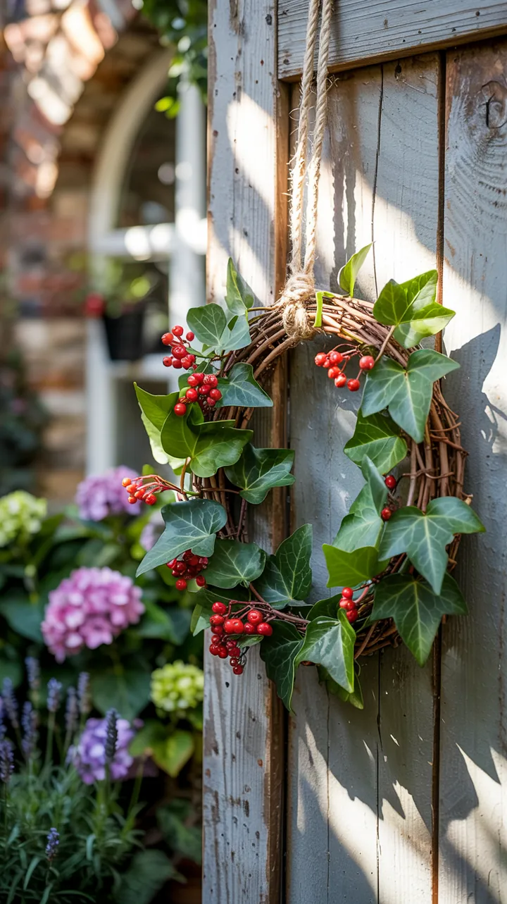 Ein handgefertigter, grüner Kranz aus Efeublättern, der kreativ mit Naturmaterialien gestaltet ist, ideal für DIY-Projekte und als Dekoration.