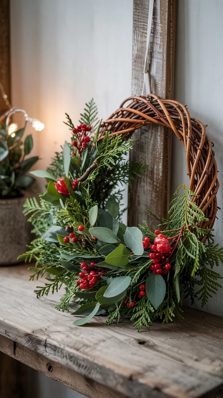 Ein kunstvoll gestalteter Kranz aus natürlichen Materialien, geschmückt mit Tannenzapfen und Efeu, ideal für die kreative Weidenkranz-Dekoration.