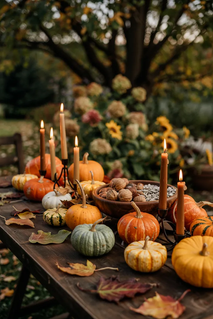 Ein rustikaler Tisch mit warmen Farbtönen, geschmückt mit kleinen Kürbissen und buntem Laub für eine einladende Herbstatmosphäre.