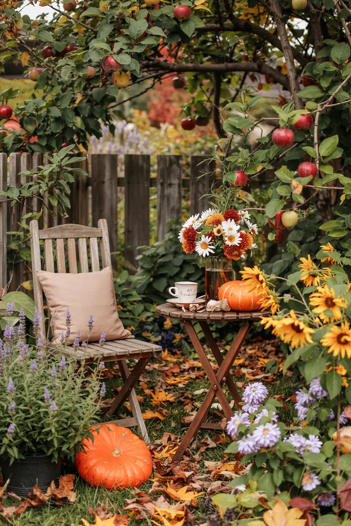 „Bunte Pflanzenarrangements und dekorative Elemente auf einer einladenden Außenterrasse, ideal für herbstliche Gartenideen.“
