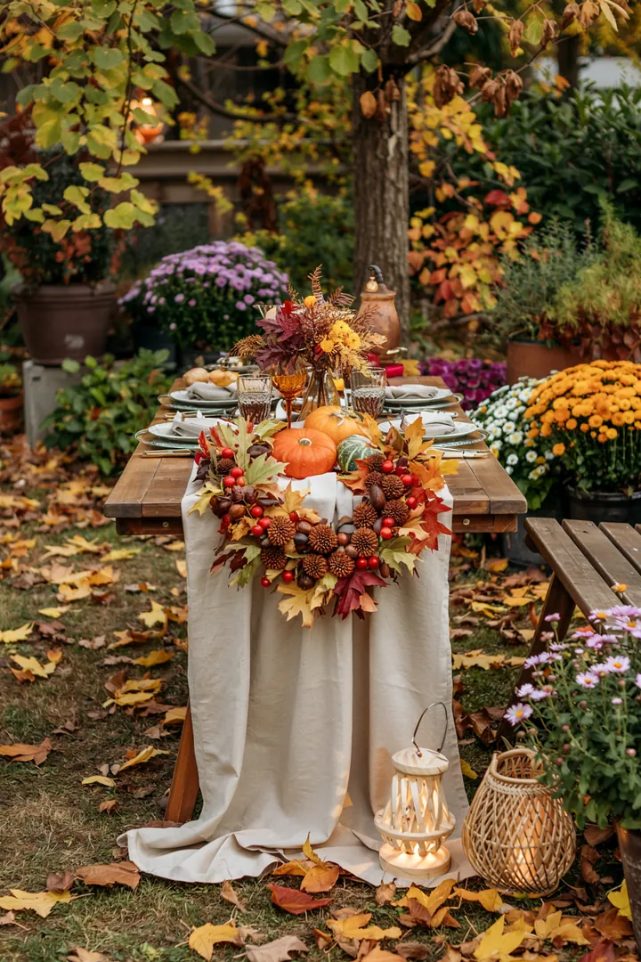 „Ein einladend gedeckter Tisch mit warmen Farben und natürlichen Materialien, ideal für herbstliche Feiern und kreative DIY-Dekorationen.“