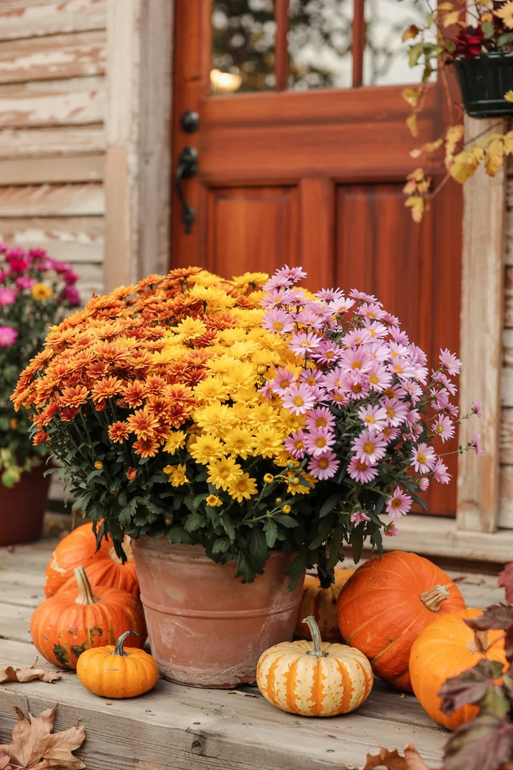 Bunter Blumenkasten im Vorgarten, der die Schönheit der herbstlichen Natur widerspiegelt und das Draußen lebendig macht.