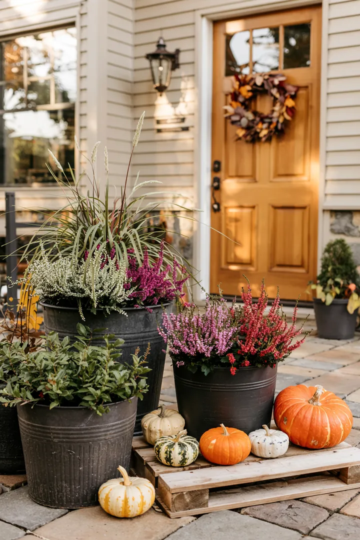 Bunte Pflanzenarrangements in einer dekorativen Box, ideal für herbstliche Außenbereiche und zur Verschönerung von Fenstern.