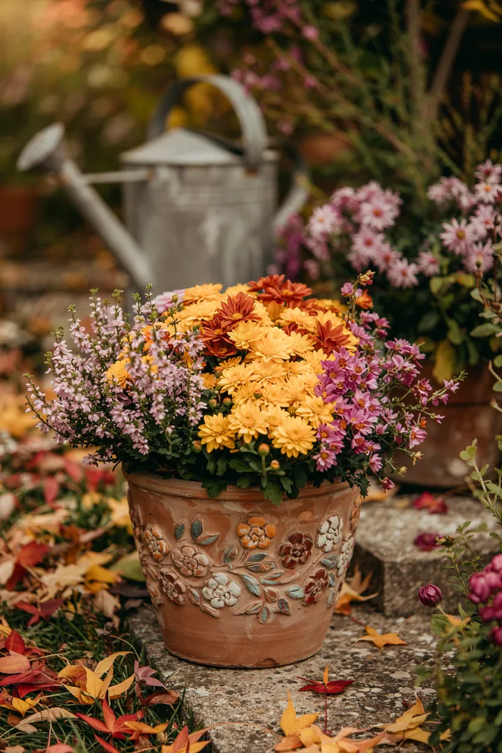 Bunter Pflanzbehälter mit herbstlichen Pflanzenarrangements, ideal für die Verschönerung von Garten oder Terrasse in der kühlen Jahreszeit.