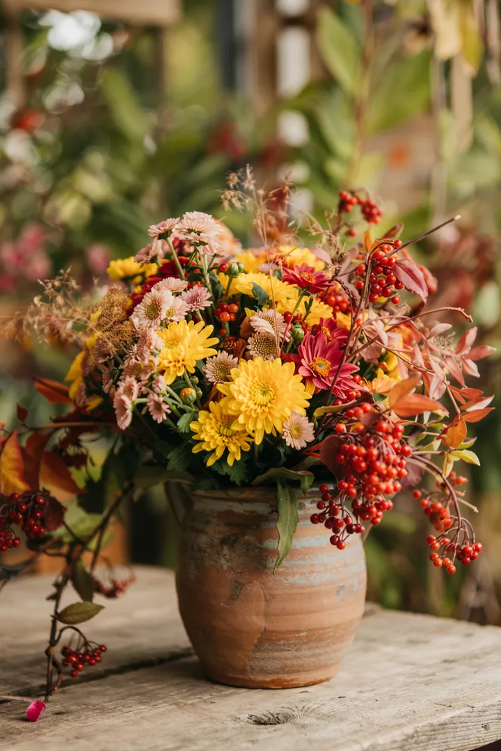 Bunter Blumenstrauß aus verschiedenen Herbstblüten, mit leuchtenden Chrysanthemen und zartem Fetthenne, der die warmen Farben der Saison einfängt.